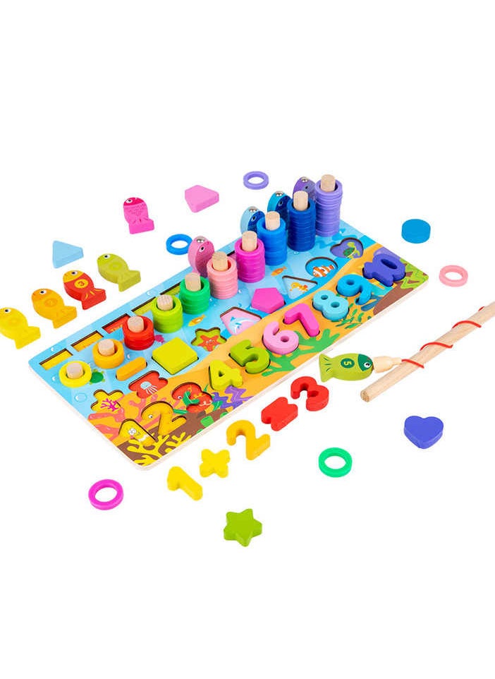 "Montessori Counting Board: Comprehensive Educational Toy, Sensory Fishing Games, Wooden Geometric Shapes Playset to Develop Your Child's Skills (1x6)."  - Image 1