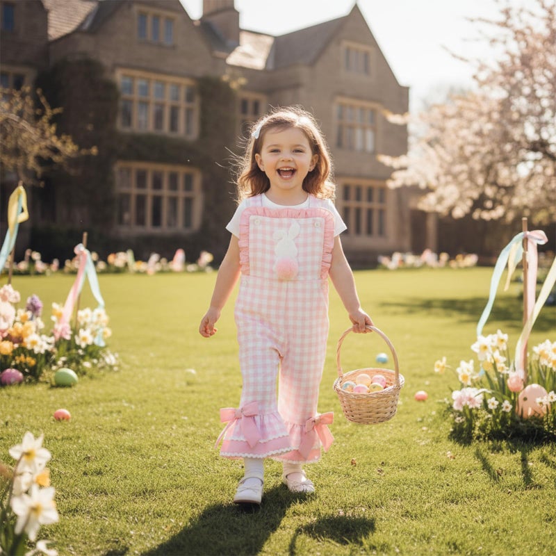 YINGISFITM Toddler Baby Girl Easter Outfit Bunny Overalls Ruffle Bell-Bottom Plaid One Piece Romper Jumpsuit Cute Clothes (Bunny Pink, 18-24 Months) - Image 3