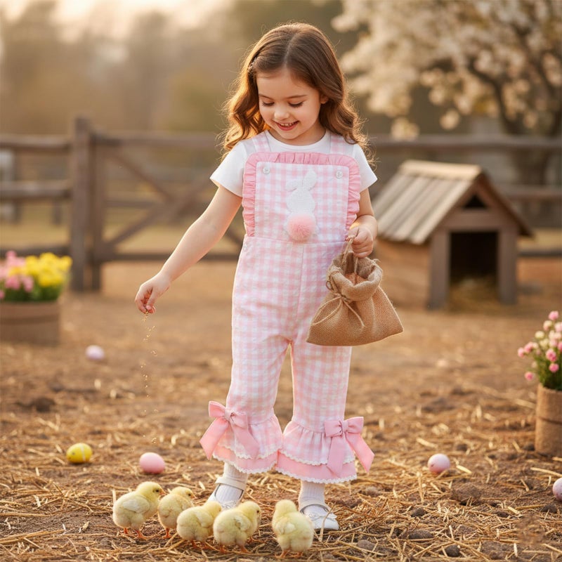 YINGISFITM Toddler Baby Girl Easter Outfit Bunny Overalls Ruffle Bell-Bottom Plaid One Piece Romper Jumpsuit Cute Clothes (Bunny Pink, 18-24 Months) - Image 4