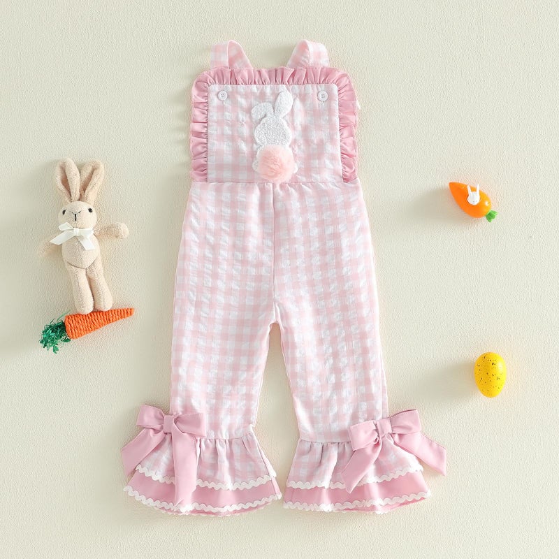 YINGISFITM Toddler Baby Girl Easter Outfit Bunny Overalls Ruffle Bell-Bottom Plaid One Piece Romper Jumpsuit Cute Clothes (Bunny Pink, 18-24 Months) - Image 5