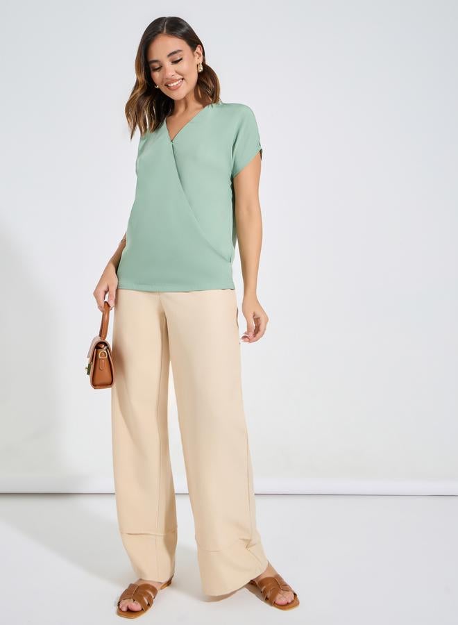 Styli Solid Mock Wrap Top with Short Sleeves - Image 2