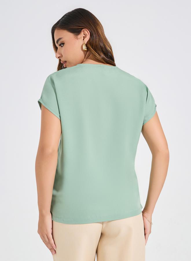 Styli Solid Mock Wrap Top with Short Sleeves - Image 4