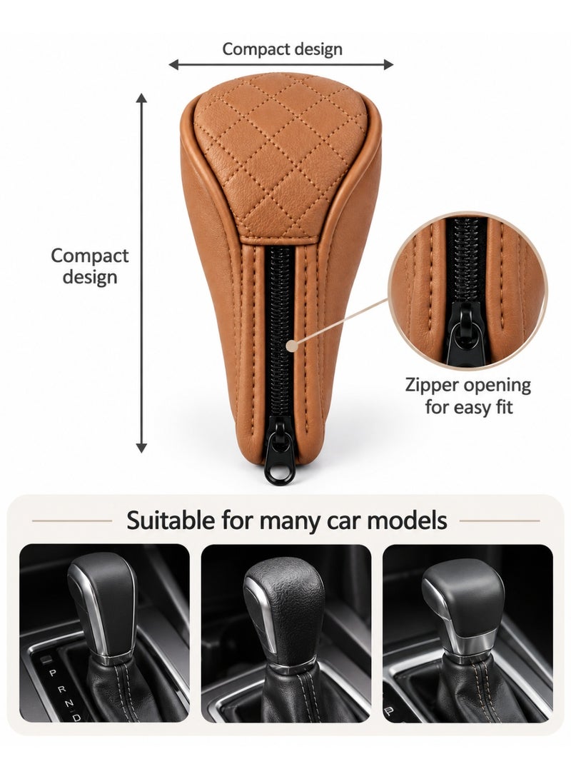 Universal PU Leather Car Gear Shift Cover, Quilted Gear Knob Protector, Interior Gear Stick Cover - Brown - Image 2
