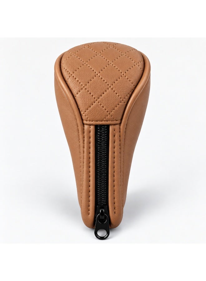 Universal PU Leather Car Gear Shift Cover, Quilted Gear Knob Protector, Interior Gear Stick Cover - Brown - Image 1