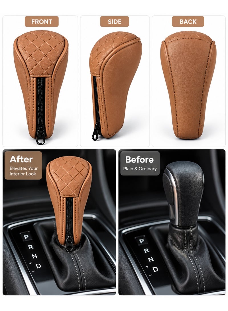 Universal PU Leather Car Gear Shift Cover, Quilted Gear Knob Protector, Interior Gear Stick Cover - Brown - Image 3