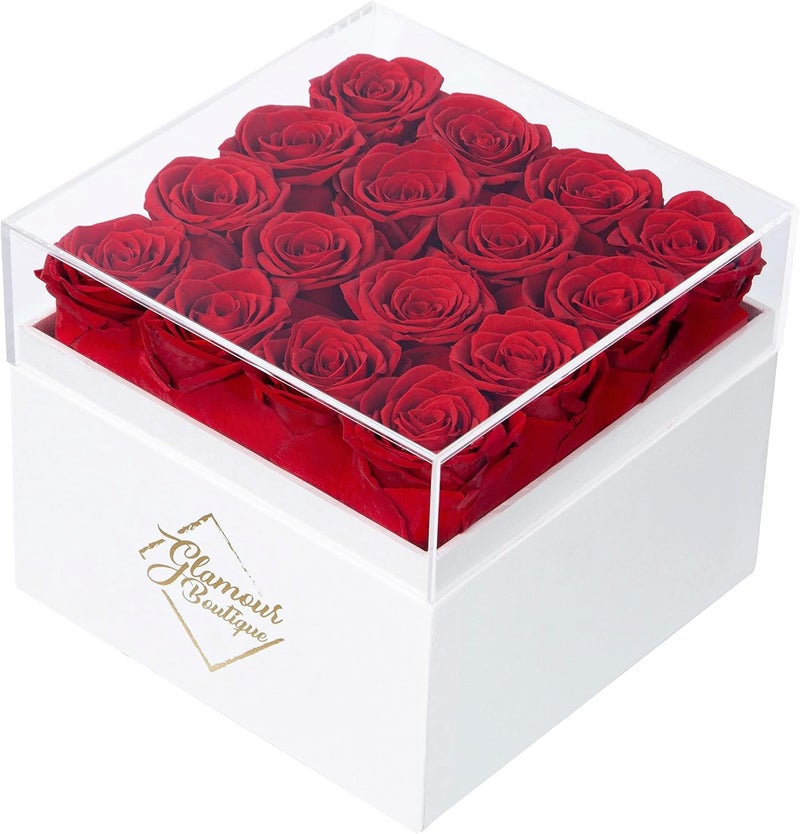 GLAMOUR BOUTIQUE GLAMOUR BOUTIQUE Preserved Roses in a Box  Gifts for Her Wife  Mom Rose Flowers Forever Decor for Birthday Gift Get Well Flower Bouquet Cased in White Box with Cover  Red  16Piece 