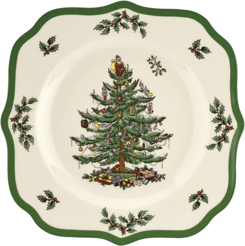 Spode Spode Christmas Tree Scalloped Salad Plate  HolidayThemed Stoneware Appetizer Plate  9 Inch Christmas Dinner Dish Featuring Colorful Gifts  Mistletoe Accents  Dishwasher  Microwave Safe  - Image 1