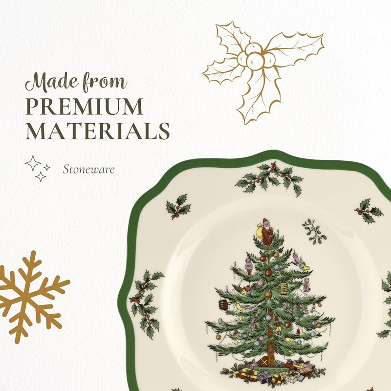 Spode Spode Christmas Tree Scalloped Salad Plate  HolidayThemed Stoneware Appetizer Plate  9 Inch Christmas Dinner Dish Featuring Colorful Gifts  Mistletoe Accents  Dishwasher  Microwave Safe  - Image 4