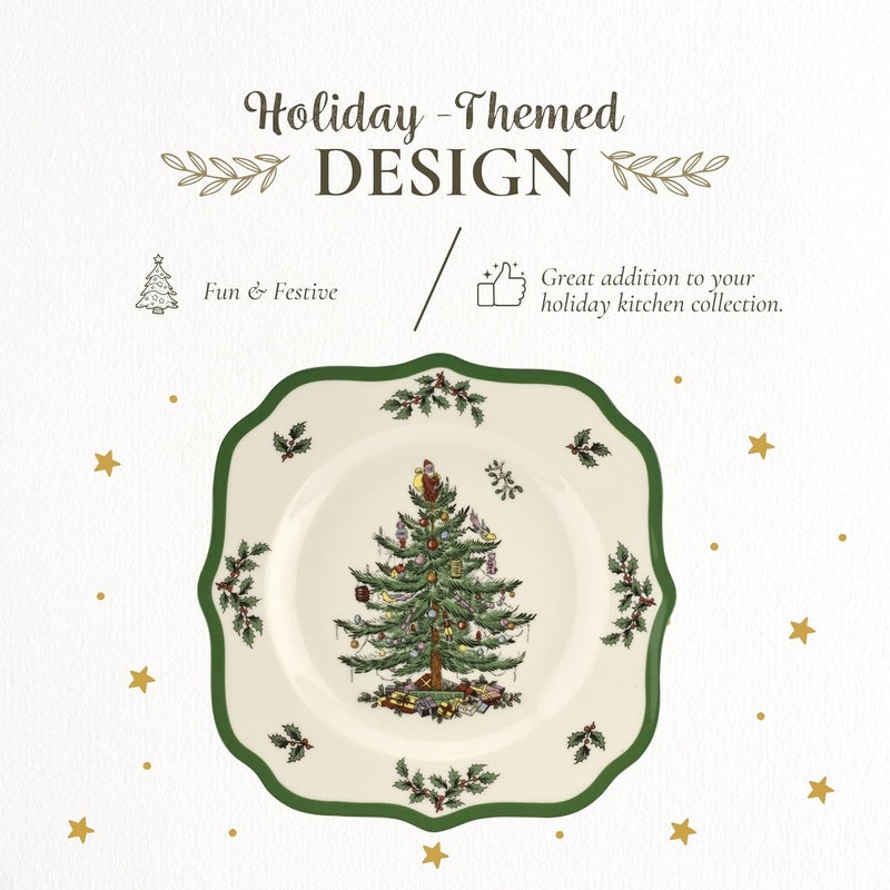 Spode Spode Christmas Tree Scalloped Salad Plate  HolidayThemed Stoneware Appetizer Plate  9 Inch Christmas Dinner Dish Featuring Colorful Gifts  Mistletoe Accents  Dishwasher  Microwave Safe  - Image 3