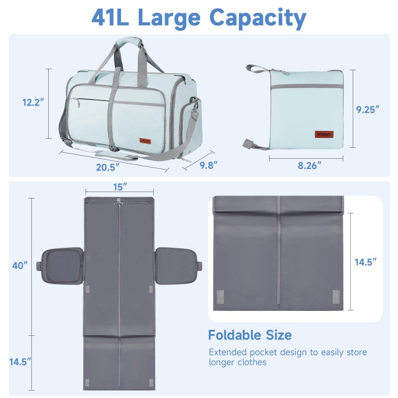 Ytonet â€ŒYtonet Foldable Garment Duffle Bags for Travel, Carry On Convertible Duffel Bag with Shoe Compartment & Water Resistant Fabric, 2-in-1 Hanging Suit Organizer, Mint Green - Image 2
