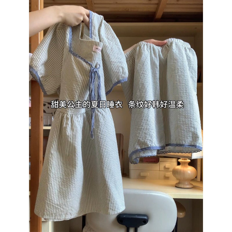 Girls' Sweet Princess Style Short-Sleeved Pajamas For Women, Baby Doll Shirts, Shorts, Home Clothes, Two-Piece Set For Outer Wear - Image 1