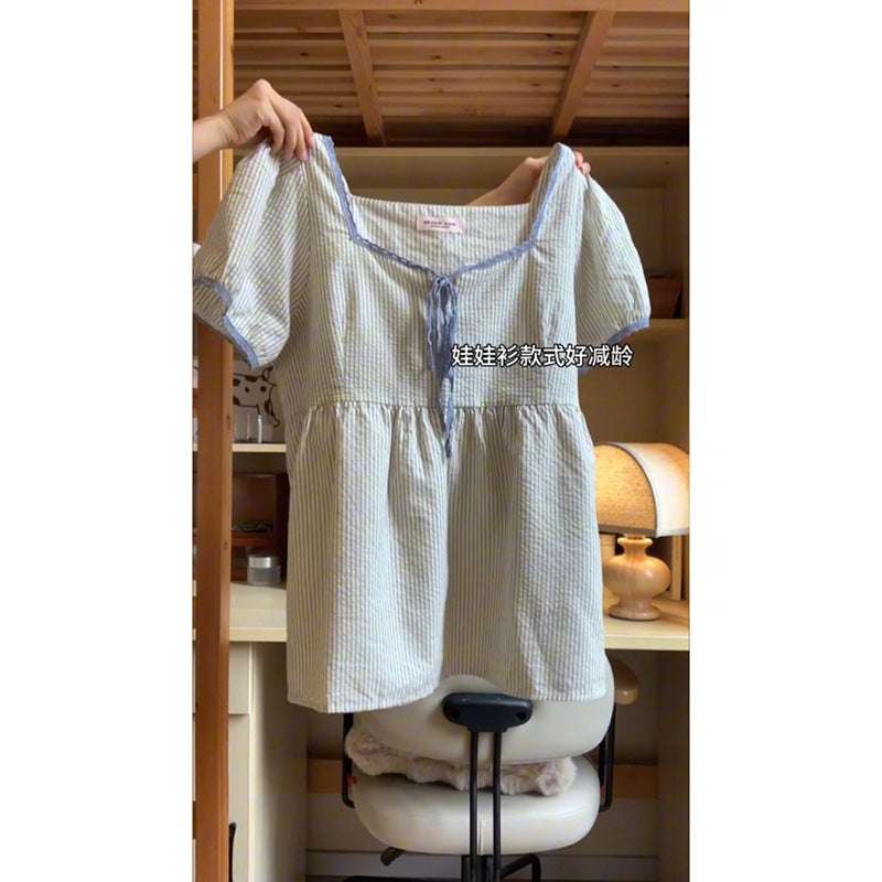 Girls' Sweet Princess Style Short-Sleeved Pajamas For Women, Baby Doll Shirts, Shorts, Home Clothes, Two-Piece Set For Outer Wear - Image 4
