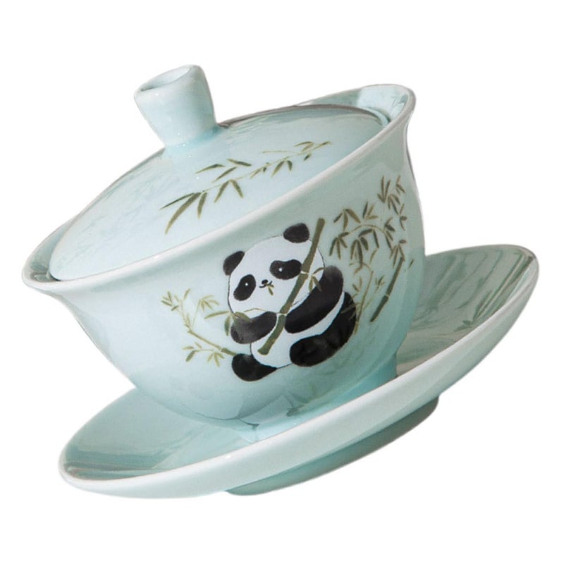 مجموعة تقليدية من فنجان الشاي والساقية السيراميكي الباندا مع غطاء قدح خزفي أخضر فاتح - Image 2
