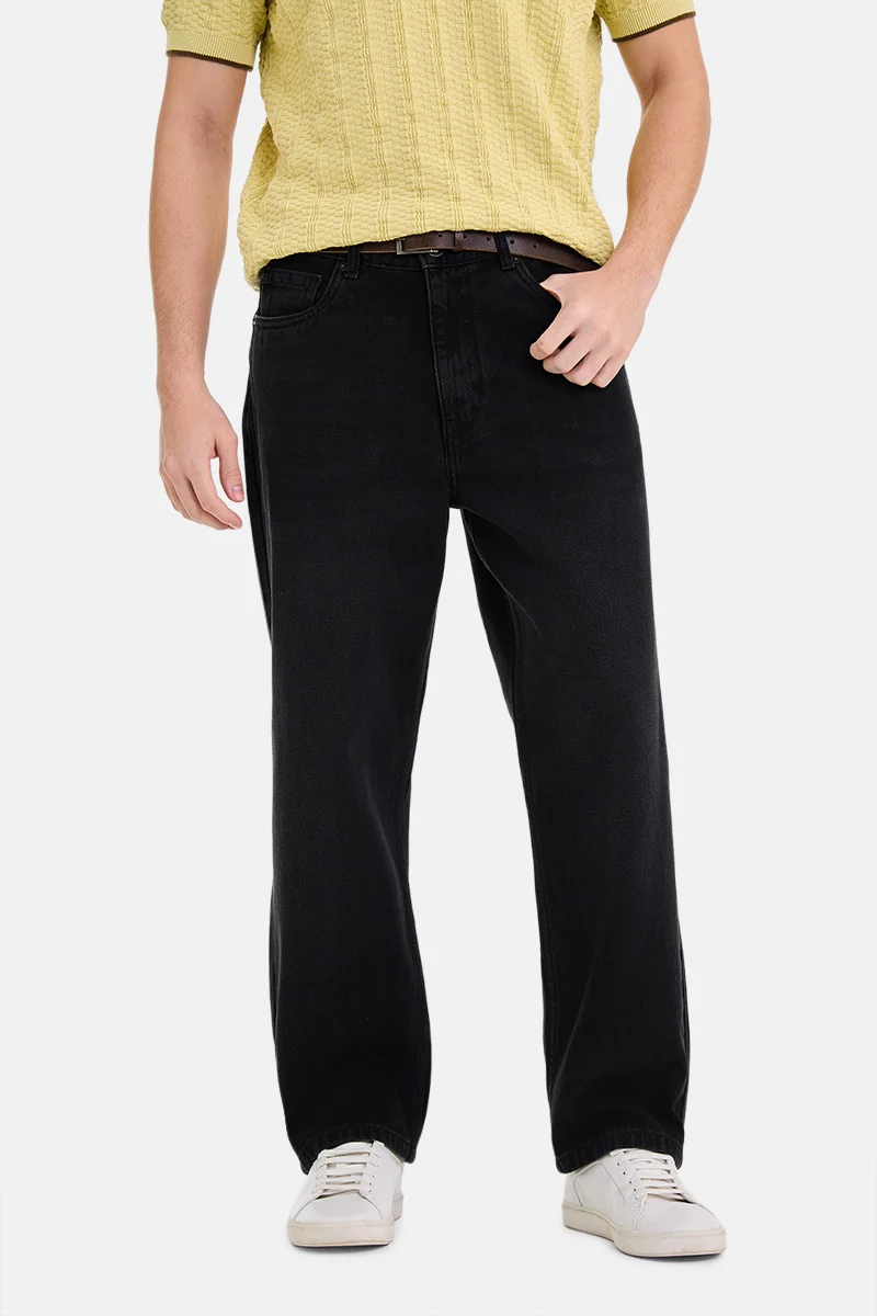 سنيتش Black Solid Loose Fit Streetwear Jeans