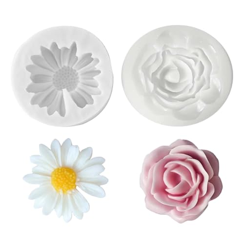 OXYGLOBE 2 Pcs Candle Mould Silicone, White, Flower Shape, 3D DIY Fondant Candle, Soap Mould, Resin Art and Craft, Jelly Sugar Chocolate - Image 1