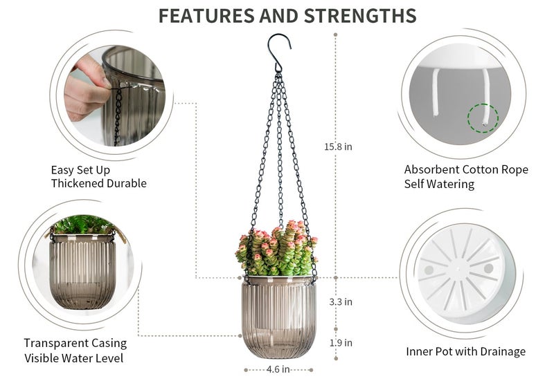 Josteve 4.5 Inch 2 Pcs Self Watering Hanging Planter Indoor Plant Pots Drainage Holes, Outdoor Small Hanging Planters Flower Pot Basket, Visible Water Level, Plant Hanger Home Decor, Gardening - Image 5
