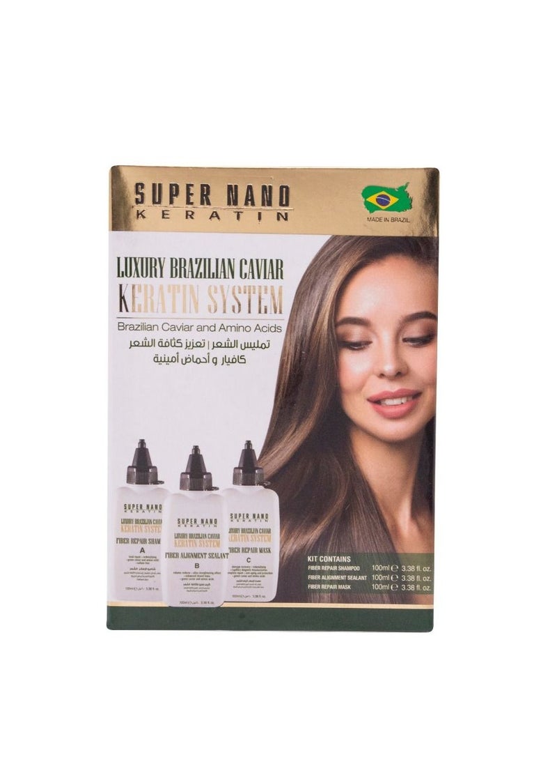 SUPER NANO KERATIN - Super Nano Keratin Luxury Brazilian Caviar Keratin System – 3x100ml | Professional Hair Reparation & Anti-Frizz Treatment | Sulfate-Free | Smooth, Shine & Strength Formula - Image 1