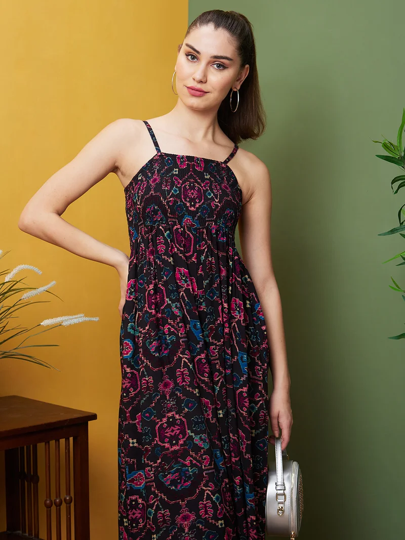 جلو باص Women Abstract Printed Smocked Jumpsuit