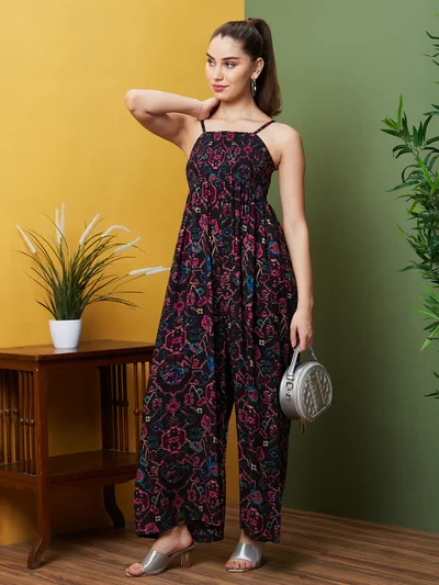جلو باص Women Abstract Printed Smocked Jumpsuit