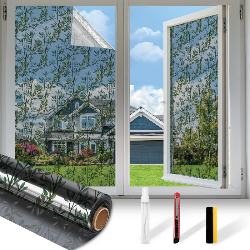 Countewol Upgraded Window Privacy Film One Way Daytime Privacy Static Cling Sun Blocking Anti UV Reflective Window Tint for Home and Office Black SilverLeaves 175 X 787 in - Image 2
