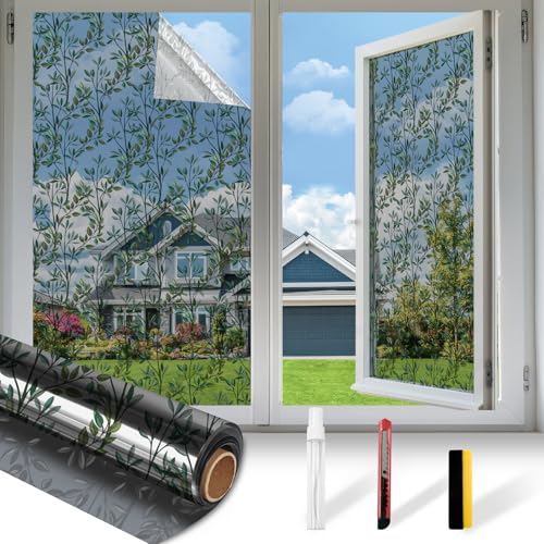 Countewol Upgraded Window Privacy Film One Way Daytime Privacy Static Cling Sun Blocking Anti UV Reflective Window Tint for Home and Office Black SilverLeaves 175 X 787 in - Image 1