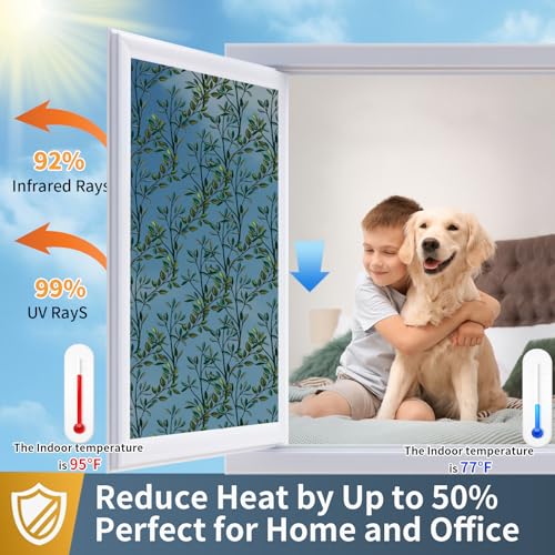 Countewol Upgraded Window Privacy Film One Way Daytime Privacy Static Cling Sun Blocking Anti UV Reflective Window Tint for Home and Office Black SilverLeaves 175 X 787 in - Image 3