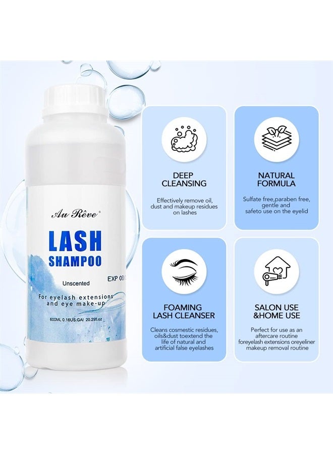 AuReve Eyelash Extension Cleanser Lash Shampoo Eyelash Extension Shampoo Lash Foam Cleanser Eyelid Cleanser for Makeup Remover Eyelash Care, Paraben & Sulfate Free for Salon and Home Use (Original 600ml) - Image 2