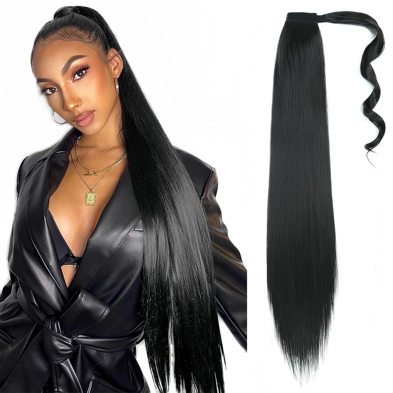 goodear Straight Invisible Ponytail Extension Long Drawstring Pony Tail Hair Clip in Ponytail Extension 26 Inch Natural Pony Tail Hair Extensions Hairpieces for Women GirlsBlack