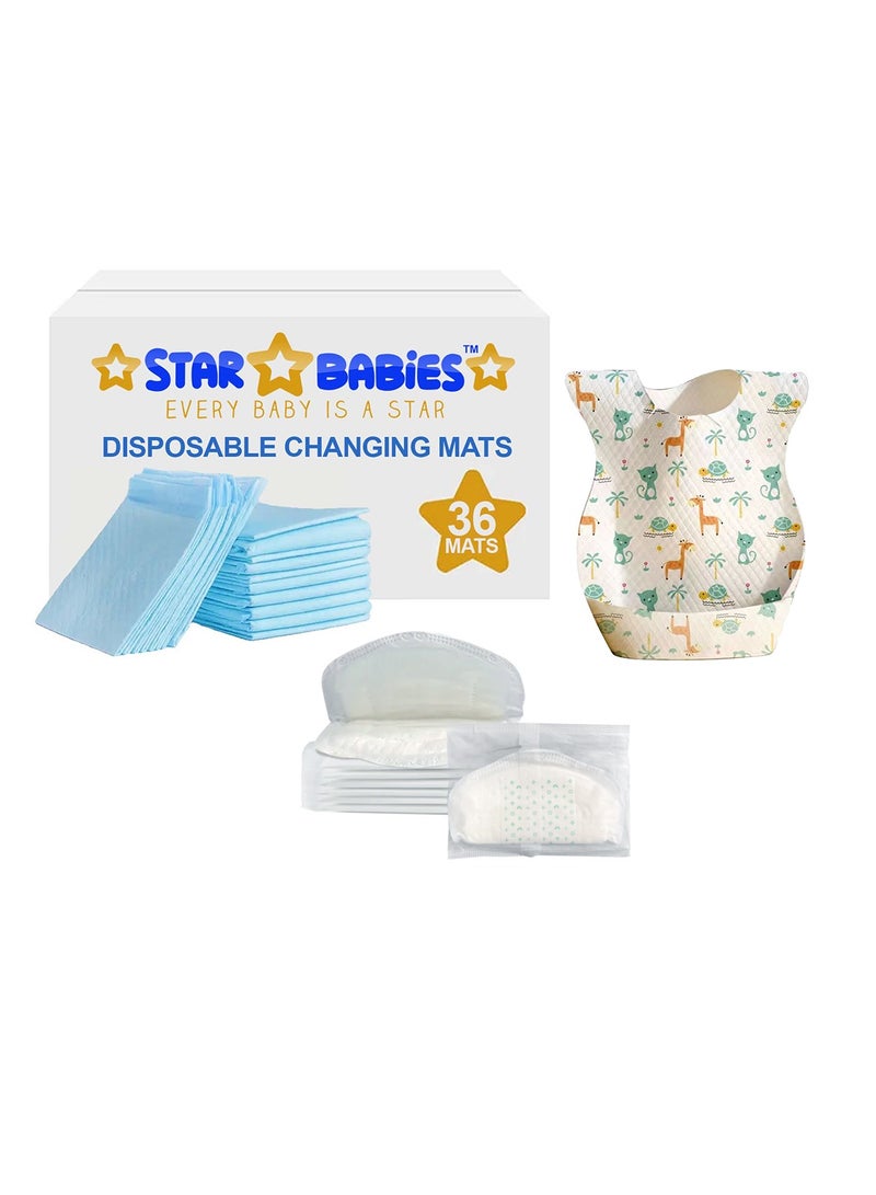 Star Babies Combo Pack (Disposable Changing mat 36pcs, Disposable Bibs 40pcs with  Disposable Breast Pad 8pcs) - Blue - Image 1