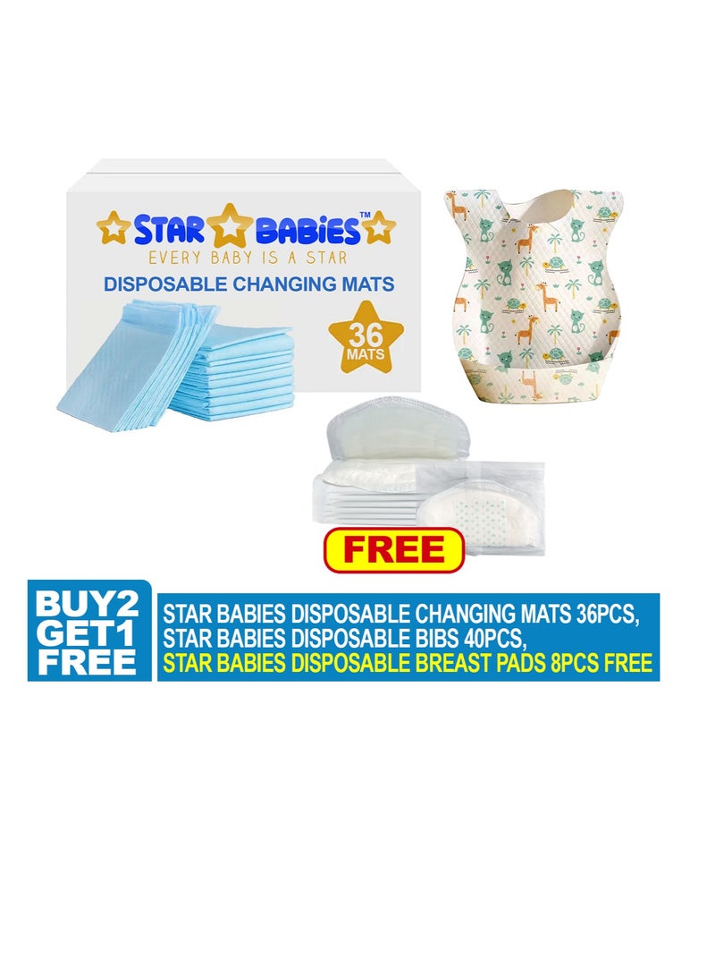 Star Babies Combo Pack (Disposable Changing mat 36pcs, Disposable Bibs 40pcs with  Disposable Breast Pad 8pcs) - Blue - Image 2