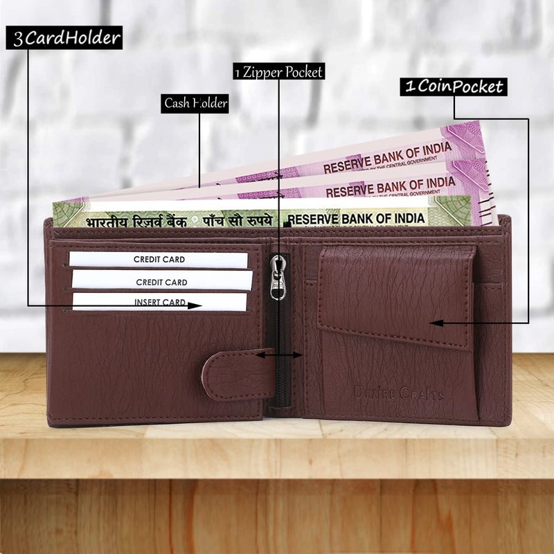 Dezire Crafts PU Leather Wallet for Men | Slim & Stylish | 3 Card Pockets, 1 Zipper Pocket, 1 Coin Pocket, 1 Currency Compartment, 2 Hidden Pockets (Brown) - Image 2