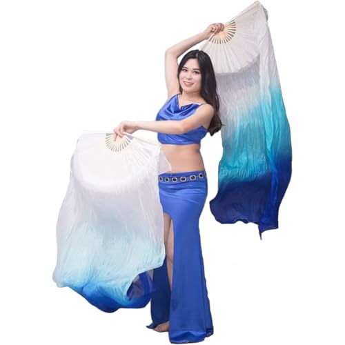 Nimiman 1 Pair 1.8M Real Silk Chinese Belly Dance Fan Veils Hand Made White Turquoise Blue - Image 1