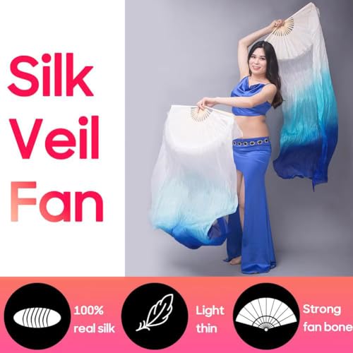 Nimiman 1 Pair 1.8M Real Silk Chinese Belly Dance Fan Veils Hand Made White Turquoise Blue - Image 5
