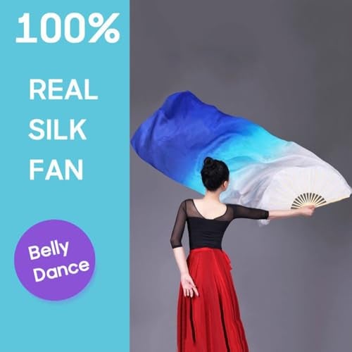 Nimiman 1 Pair 1.8M Real Silk Chinese Belly Dance Fan Veils Hand Made White Turquoise Blue - Image 4