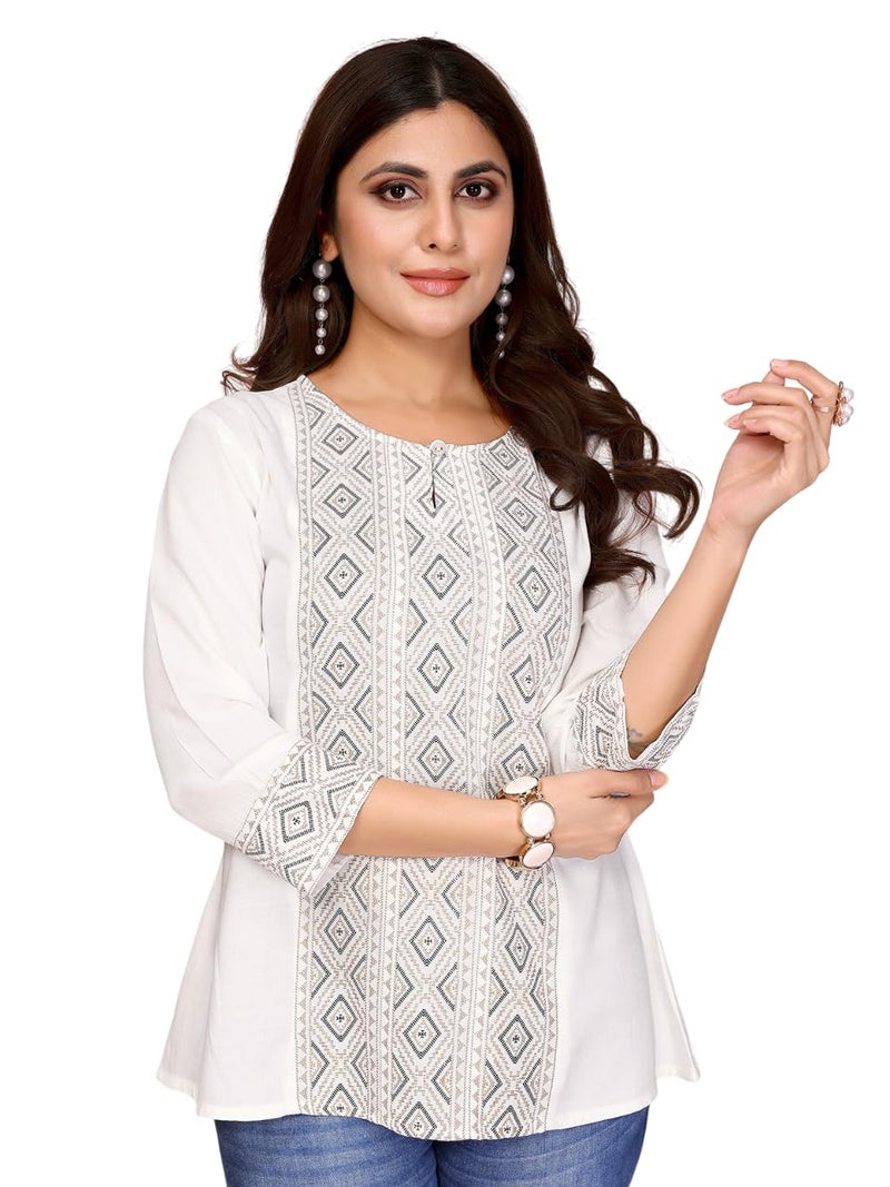 rangita Off White Rayon A-Line Printed Short Length Kurti | Kurta for Women_S - Image 1