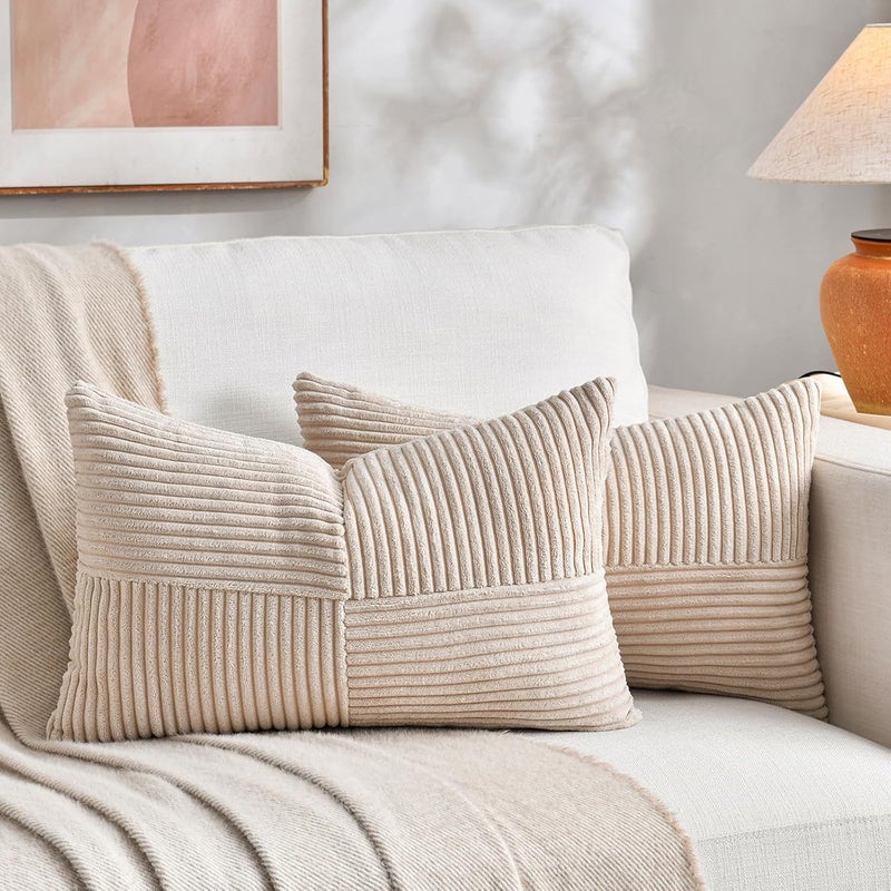 Fancy Homi غطاءان وسائد زخرفية من فانسي هومي بطبعة ريفية بوهيمية باللون الترابي مقاس 18x18 بوصة للأريكة والسرير والأسرة، ديكور منزل ريفي خريفي، غطاء وسادة ناعم من قماش الكوردوروي المزخرف بتقنية الترقيع والملمس المحبب مقاس 45x45 سم - Image 1
