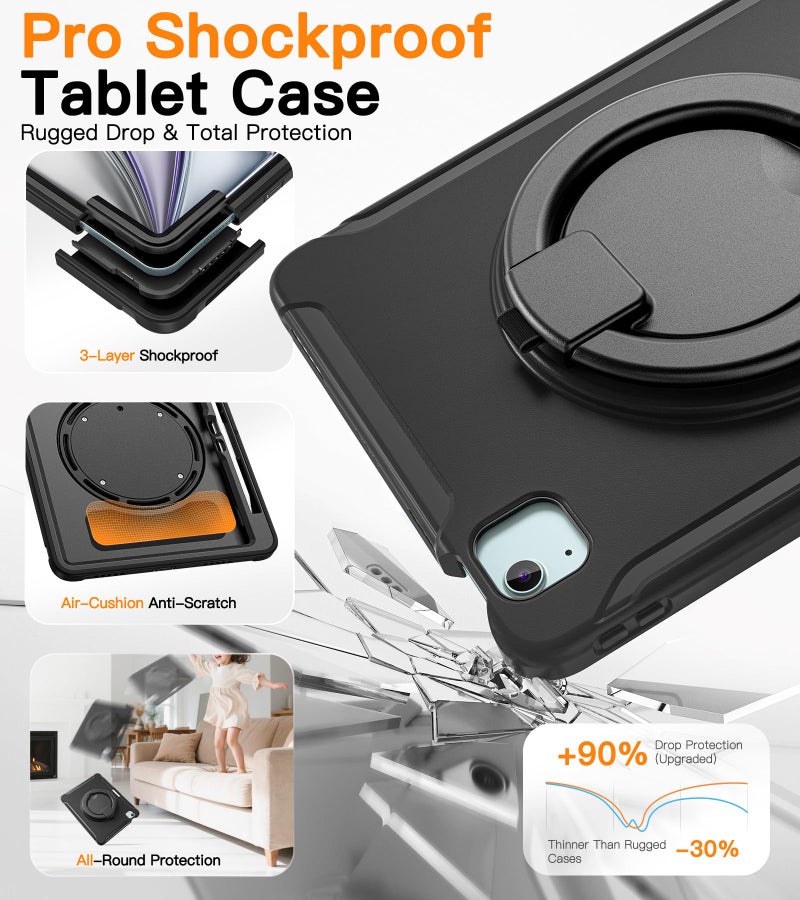 BATYUE Shockproof Case for iPad Air 11" M2/M3/M4, Air 4/5 10.9", iPad Pro 11" 1st-4th Gen 2018-2022 | 360° Multi-Angle Stand (Portrait & Landscape) & Grip, Built-in Pencil Holder, Black - Image 4