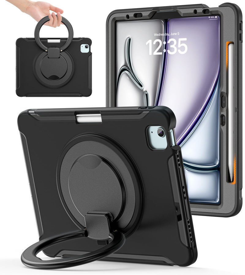 BATYUE Shockproof Case for iPad Air 11" M2/M3/M4, Air 4/5 10.9", iPad Pro 11" 1st-4th Gen 2018-2022 | 360° Multi-Angle Stand (Portrait & Landscape) & Grip, Built-in Pencil Holder, Black - Image 1