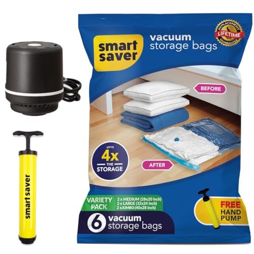 Smart Saver Plastic Vacuum Compression Bags|Vacuum Storage Bags|Vacuum Bags For Travel|Space Saver Vacuum Bags(6Variety(2 Jumbo,2Large,2Medium)+Electric Pump),White - Image 1