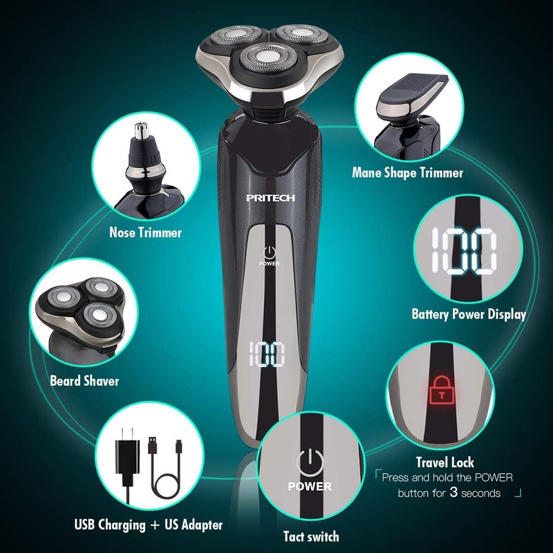 pritech Mens Electric Razor for Men Electric Face Shavers Rechargeable Shaving Men's Cordless Razors IPX7 Waterproof Wet Dry 3 in 1 Rotary Shavers Beard Nose Mustache Trimmer USB Charging - Image 2
