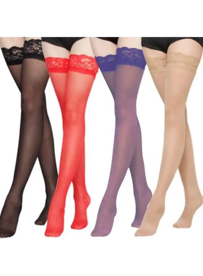 EasyLife 4 Pairs Thigh High Stockings Women's Lace Top Stay Up Silk Semi Sheer Pantyhose for Women - Image 1
