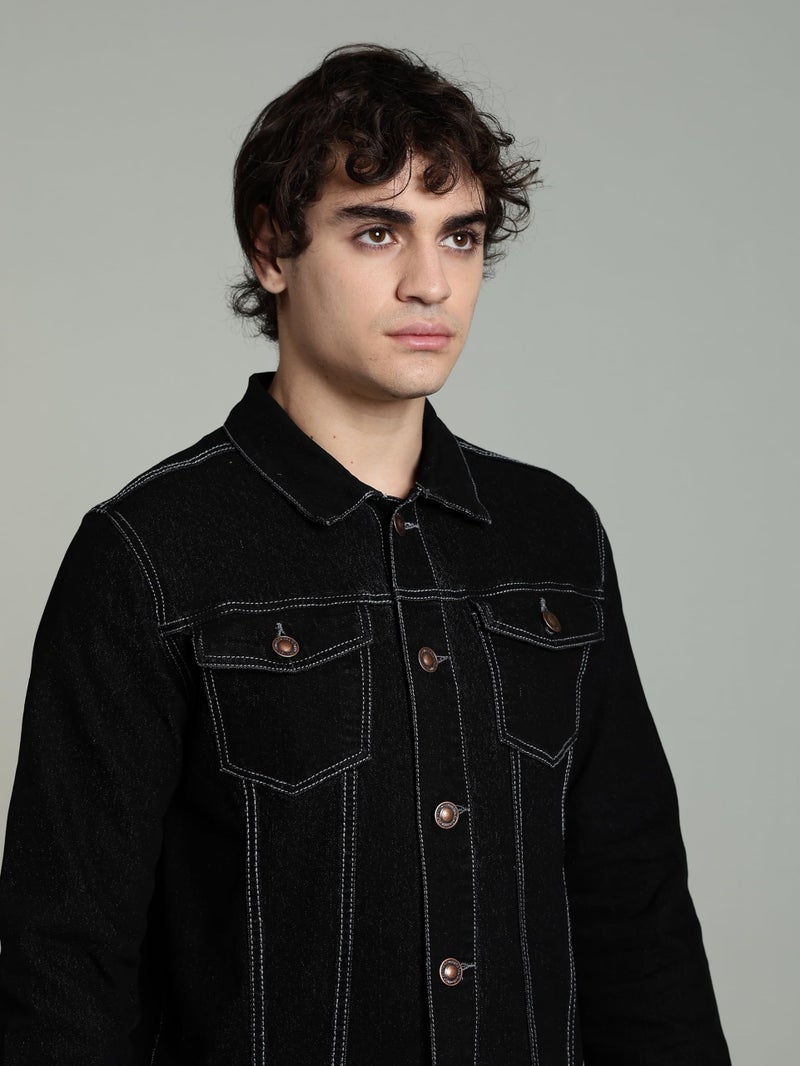 INKD Men's Standard Length Cotton Blend Stretch Denim Jacket (Jet Black, S) - Image 2