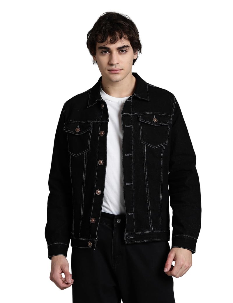 INKD Men's Standard Length Cotton Blend Stretch Denim Jacket (Jet Black, S) - Image 1