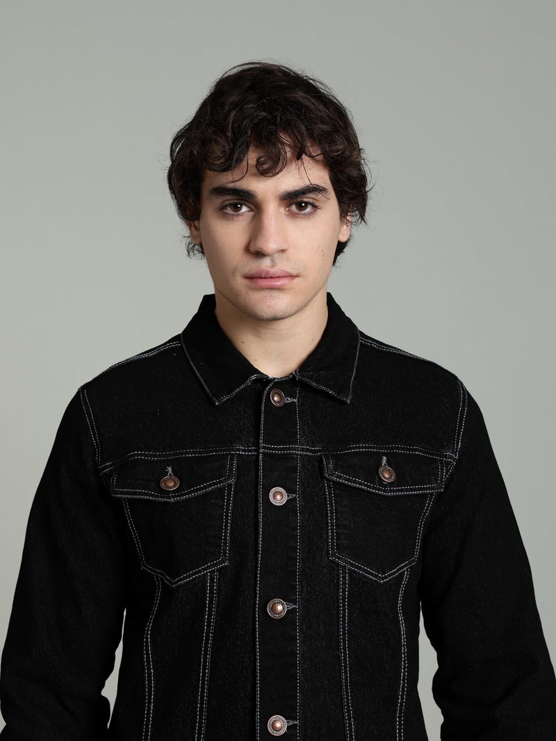 INKD Men's Standard Length Cotton Blend Stretch Denim Jacket (Jet Black, S) - Image 3
