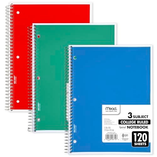 Mead Spiral Notebook, 3 Subject, College Ruled Paper, 8" x 11", 120 Sheets, Color Will Vary (820394-25) - Image 2