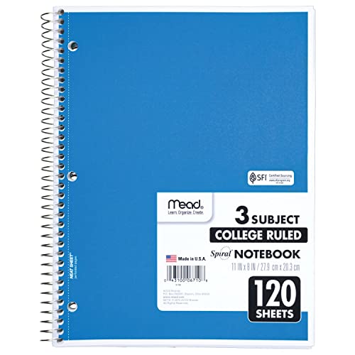 Mead Spiral Notebook, 3 Subject, College Ruled Paper, 8" x 11", 120 Sheets, Color Will Vary (820394-25) - Image 1