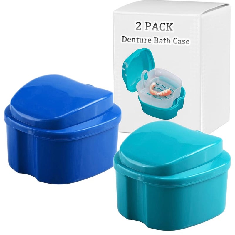 THINKPRICE Denture Bath Box Cup, Complete Clean Care for Dentures, Clear Braces, Mouth Guard, Night Guard & Retainers, Traveling (Navy Blue & Blue) - Image 1