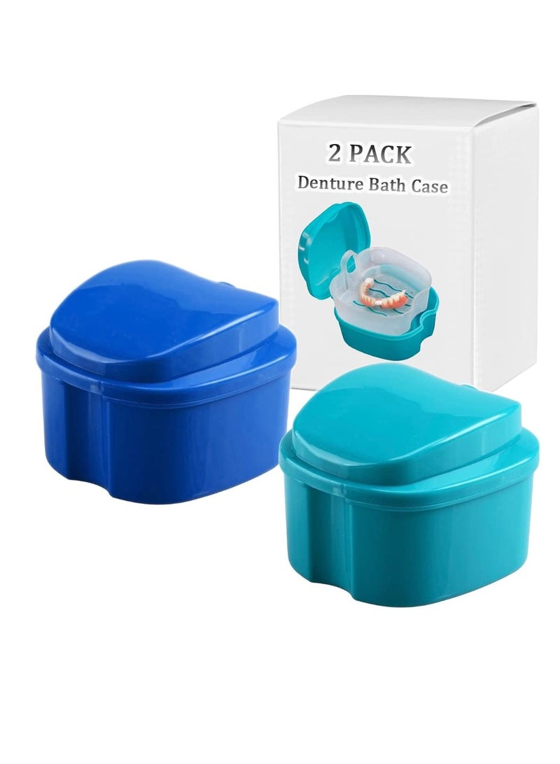 THINKPRICE Denture Bath Box Cup, Complete Clean Care for Dentures, Clear Braces, Mouth Guard, Night Guard & Retainers,Traveling (Navy Blue & Blue) - Image 1