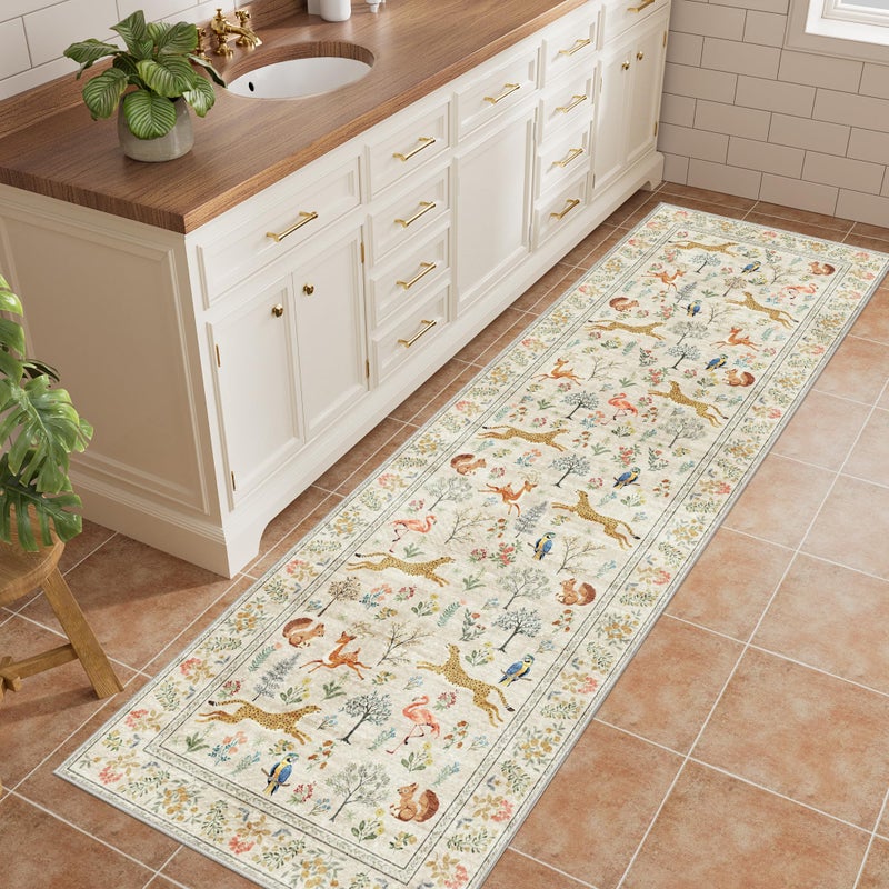 DUKINO 2x6 Rug for Hallway, Washable Kitchen Runner Rug with Non Slip Backing, Soft Low Pile Vintage Animal Runner for Bedroom, Kitchen, Hallway, Entryway, Laundry, Beige - Image 2