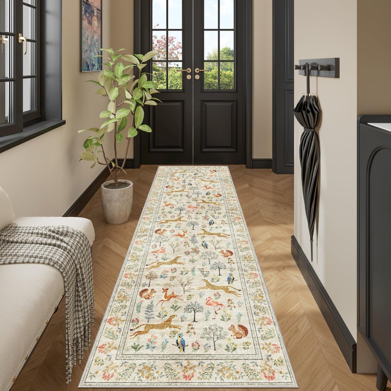 DUKINO 2x6 Rug for Hallway, Washable Kitchen Runner Rug with Non Slip Backing, Soft Low Pile Vintage Animal Runner for Bedroom, Kitchen, Hallway, Entryway, Laundry, Beige - Image 5